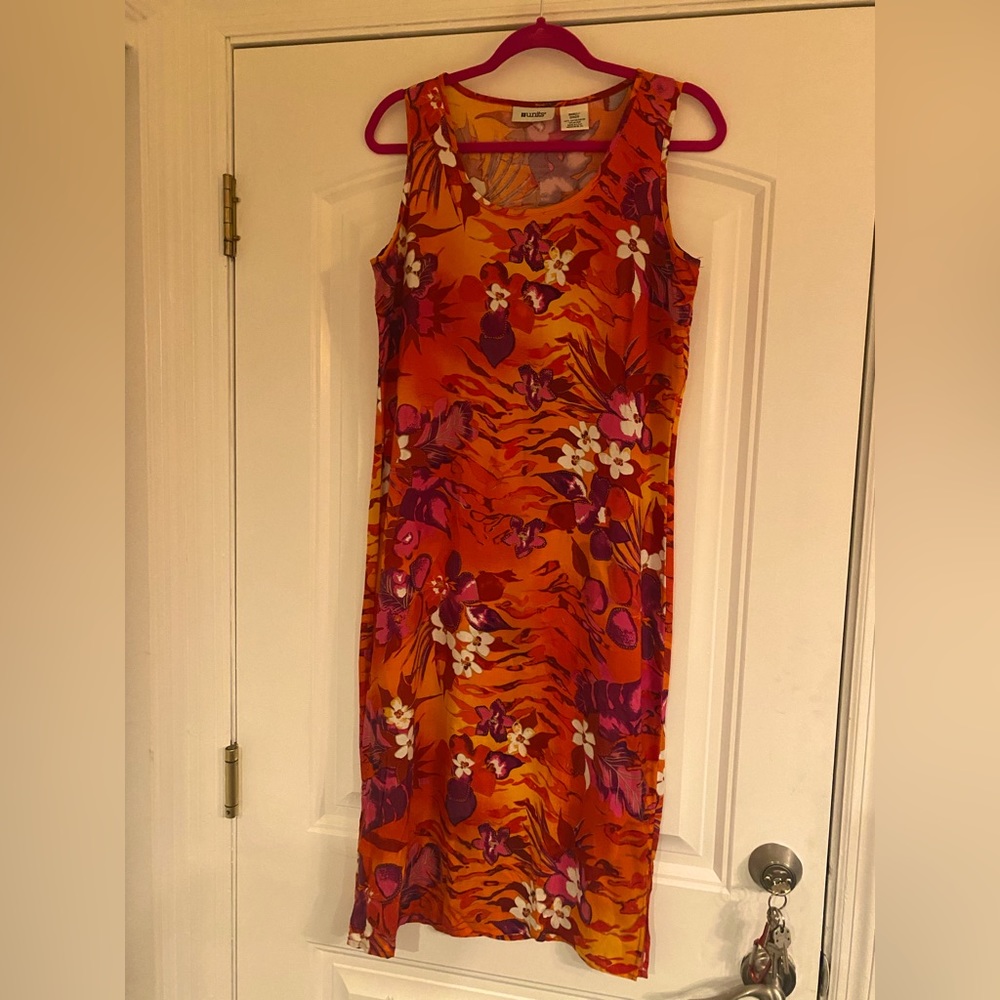 USA!! UNITS SM Hawaiian Tropical Theme Soft  Sleeveless Orange Red Dress WOW!